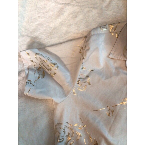 Zeroyaa Mens Small Short Sleeve Button Up White Shiny Gold Paisley Shirt - Picture 2 of 16